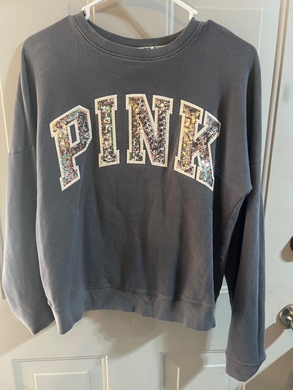 PINK Sequin Logo Crewneck Sweatshirt - Charcoal Gray